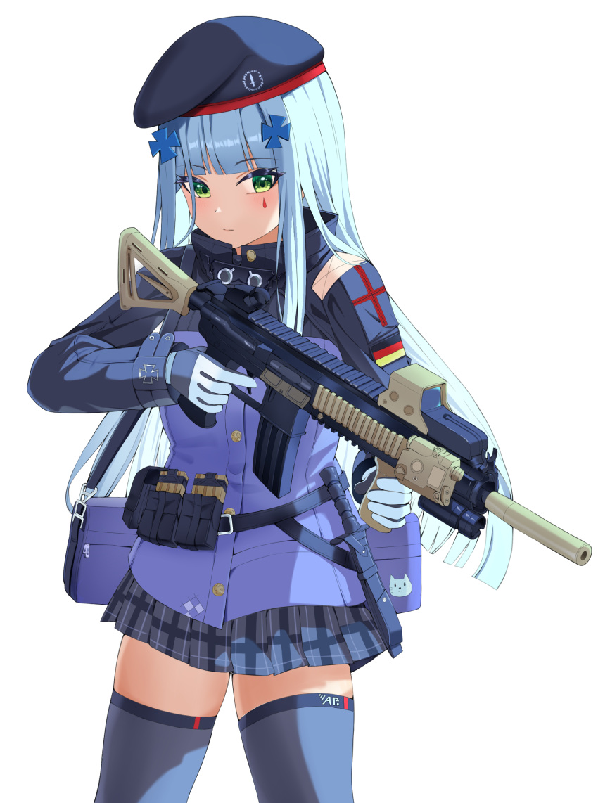 1girl bag bang255025 beret blue_hair blue_skirt blue_thighhighs blunt_bangs closed_mouth commentary cropped_legs girls'_frontline gloves green_eyes gun hat highres hk416_(girls'_frontline) holding holding_gun holding_weapon long_hair long_sleeves magazine_(weapon) shoulder_bag simple_background skirt solo standing submachine_gun thighhighs weapon white_background