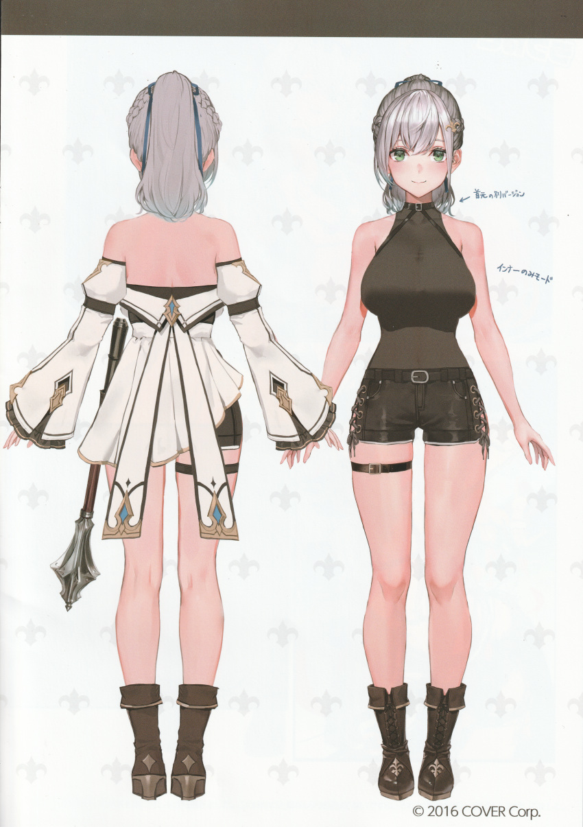 1girl absurdres bare_arms bare_shoulders blush boots breasts closed_mouth from_behind green_eyes grey_hair hair_ornament hairclip highres hololive long_hair looking_at_viewer medium_breasts ponytail scan shirogane_noel shorts simple_background sleeveless smile thigh_strap virtual_youtuber watao weapon