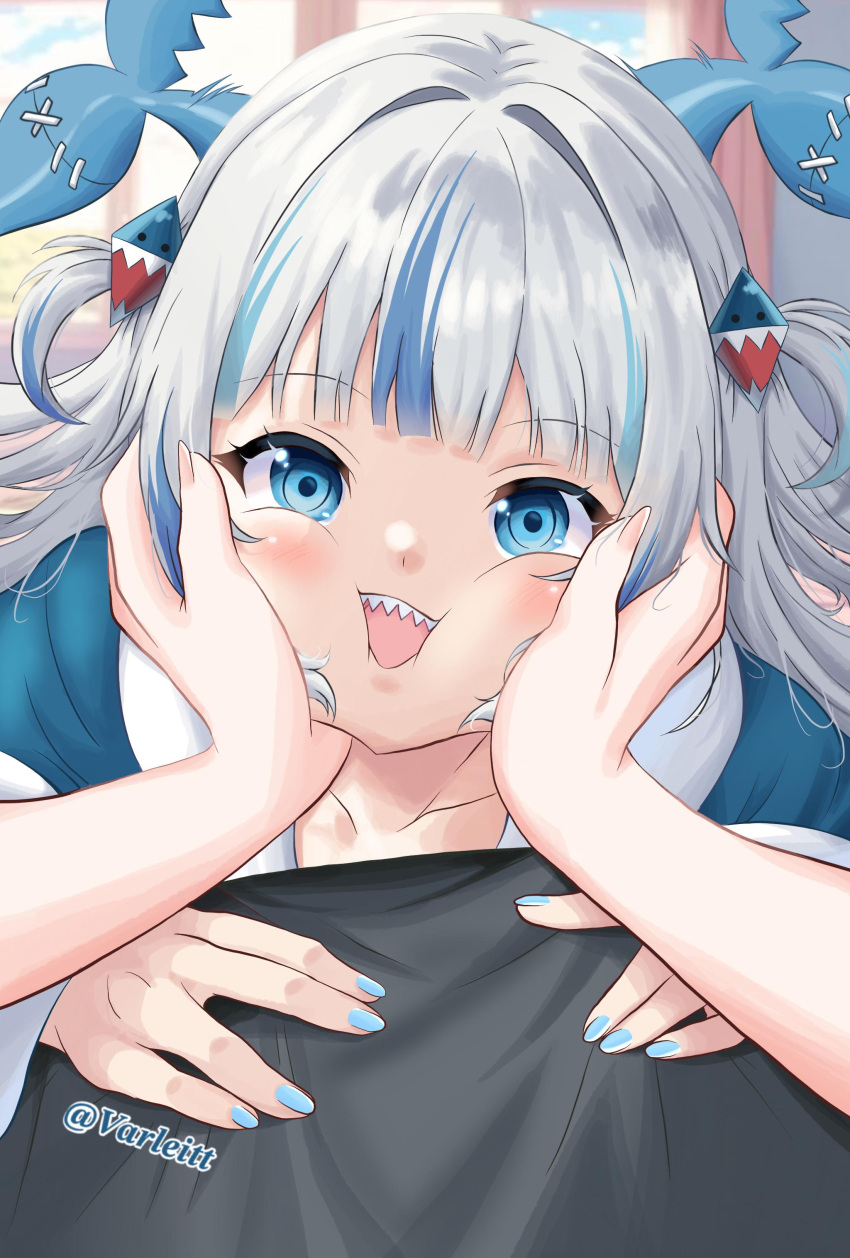 1girl absurdres afterimage blue_eyes blue_hair blue_nails blunt_bangs blush commentary english_commentary fins fish_tail gawr_gura gawr_gura_(1st_costume) grey_hair hair_ornament hands_on_another's_cheeks hands_on_another's_face highres hololive hololive_english looking_at_viewer medium_hair multicolored_hair nail_polish open_mouth pov pov_hands shark_girl shark_hair_ornament shark_tail sharp_teeth smile straight-on streaked_hair tail tail_wagging teeth twitter_username two_side_up varliet virtual_youtuber