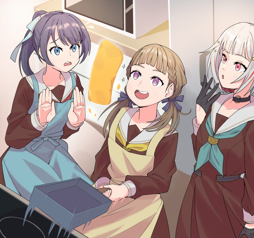 +_+ 3girls :d :o apron aqua_neckerchief black_choker black_gloves blue_apron blue_eyes blue_hair blue_ribbon bob_cut braid brown_dress brown_hair center-flap_bangs check_commentary choker collarbone colored_inner_hair commentary_request d: dark_blue_hair dress flying_sweatdrops food frying_pan gloves goldluck hair_ornament hair_ribbon half_gloves hand_up hasu_no_sora_school_uniform highres holding holding_frying_pan inverted_bob kachimachi_kosuzu link!_like!_love_live! long_hair long_sleeves looking_at_object looking_up love_live! low_twintails microwave mole mole_on_neck multicolored_hair multiple_girls murano_sayaka neckerchief o-ring o-ring_choker official_alternate_hairstyle omelet open_mouth pink_eyes pleated_dress purple_eyes red_hair red_neckerchief ribbon sailor_collar sailor_dress school_uniform short_hair side_braids smile sparkle star_(symbol) star_hair_ornament stop_(gesture) streaked_hair tamagoyaki tamagoyaki_pan teeth twintails two-handed upper_teeth_only virtual_youtuber white_hair white_sailor_collar winter_uniform worried yellow_apron yellow_neckerchief yugiri_tsuzuri