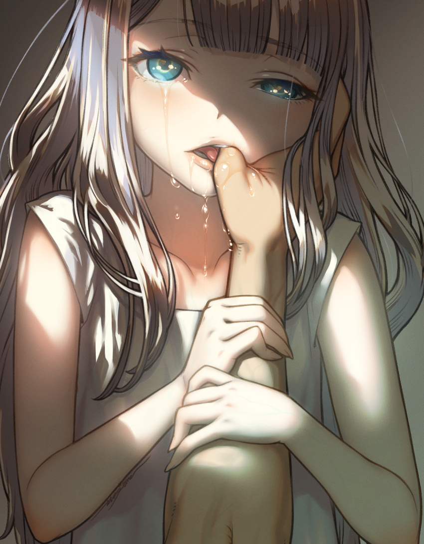 1boy 1girl blue_eyes crying crying_with_eyes_open dress drooling finger_in_another's_mouth flat_chest grey_hair highres holding_another's_arm kaieda_hiroshi light long_hair looking_at_viewer open_mouth original pov pov_hands saliva tears tongue white_dress