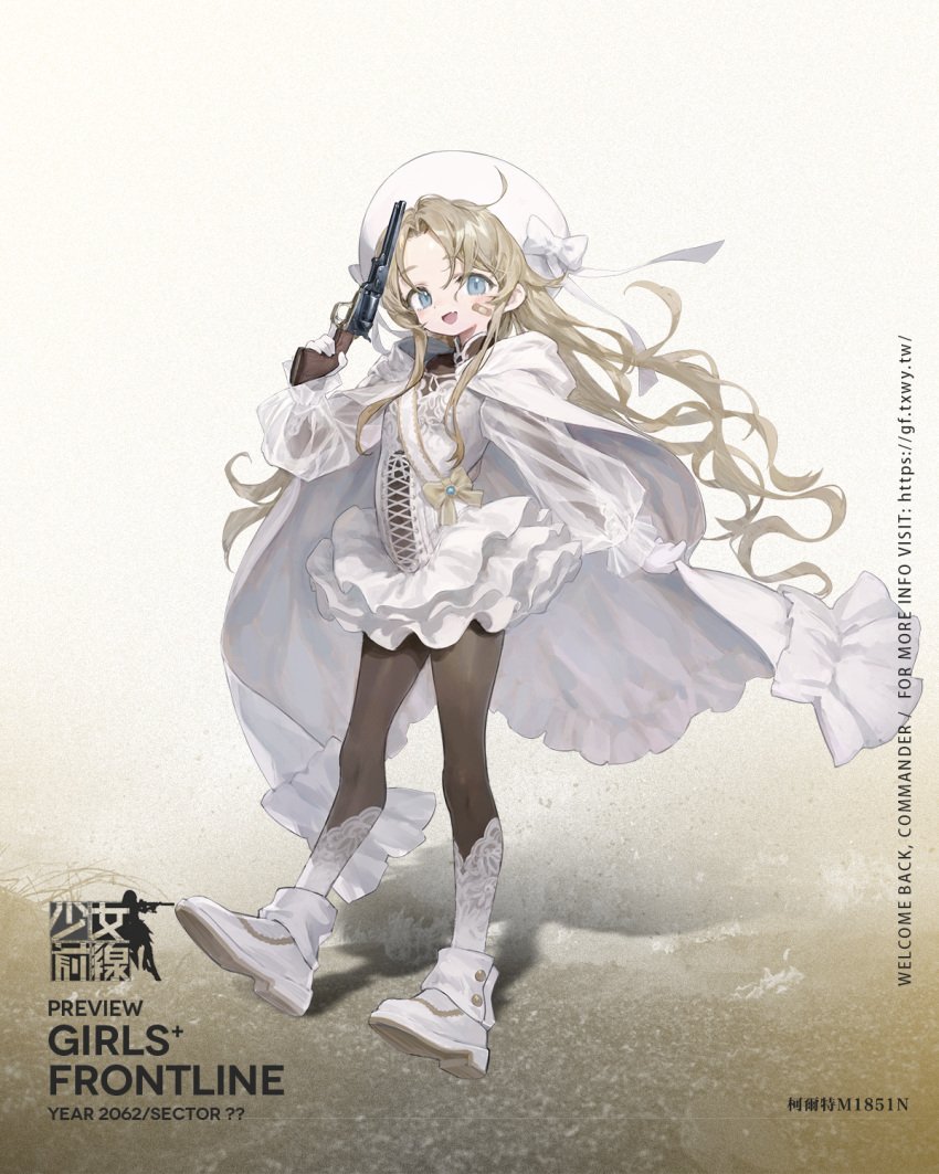 1girl bandaid bandaid_on_cheek bandaid_on_face blonde_hair blue_eyes bow cape character_name colt_m1851n_(girls'_frontline) dress fang frilled_skirt frills full_body girls'_frontline gun hat highres holding holding_gun holding_weapon long_hair looking_at_viewer official_art open_mouth see-through see-through_sleeves sho_(sho_lwlw) skin_fang skin_tight skirt solo weapon white_cape white_dress white_footwear white_hat