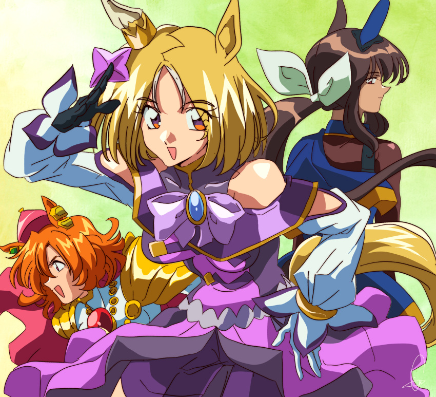 1990s_(style) 3girls :d admire_vega_(umamusume) animal_ears anime_coloring asymmetrical_gloves bare_shoulders black_gloves blonde_hair bow bowtie brown_hair cape crown dress ear_covers ear_ornament gloves hair_ribbon hand_on_own_hip highres horse_ears horse_girl long_hair long_sleeves looking_at_viewer low_ponytail mini_crown mismatched_gloves multiple_girls narita_top_road_(umamusume) off-shoulder_dress off_shoulder orange_hair pink_cape purple_bow purple_bowtie purple_eyes retro_artstyle ribbon short_hair sin_emu single_ear_cover smile t.m._opera_o_(umamusume) umamusume umamusume:_road_to_the_top white_gloves white_ribbon