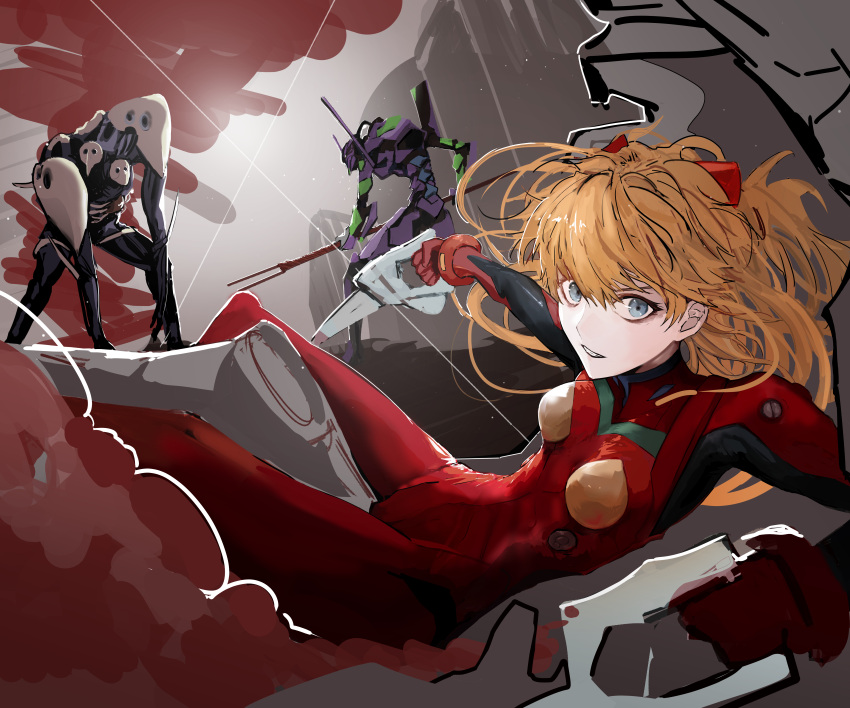 1girl absurdres angel_(evangelion) blue_eyes bodysuit breasts eva_01 highres mecha neon_genesis_evangelion orange_hair pilot_suit plugsuit red_bodysuit sachiel souryuu_asuka_langley yyoii23700