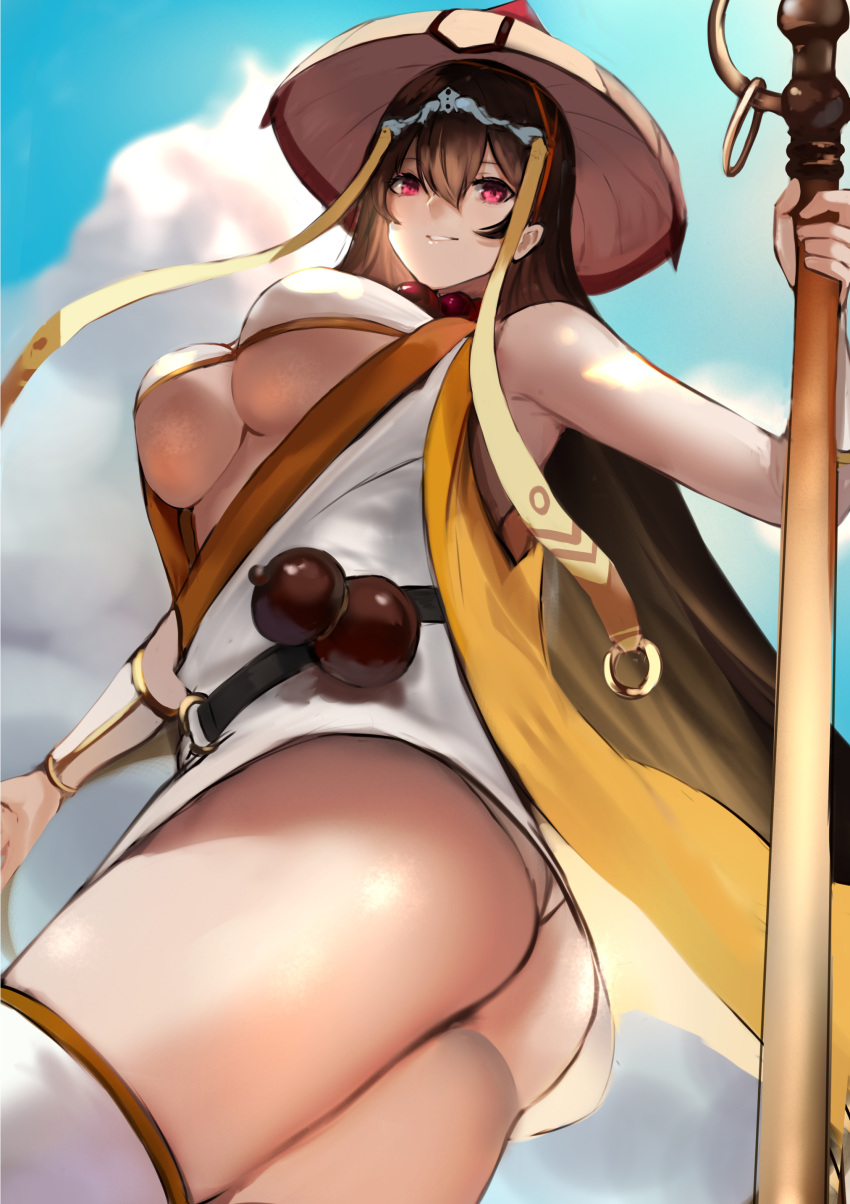 1girl absurdres ass bead_necklace beads bikini breasts brown_hair detached_sleeves fate/grand_order fate_(series) hair_between_eyes highres ichimegasa japanese_clothes jewelry jikihatiman kimono large_breasts long_hair looking_at_viewer necklace prayer_beads red_eyes short_kimono sleeveless smile solo staff swimsuit thighhighs thighs vest white_bikini white_kimono white_thighhighs xuangzang_sanzang_(fate) yellow_vest