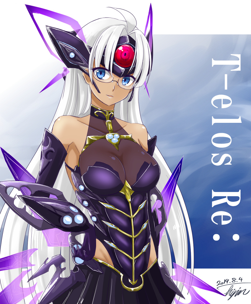 1girl armored_leotard bare_shoulders black_gloves black_leotard blue_eyes breasts character_name cleavage closed_mouth dark-skinned_female dark_skin elbow_gloves gauntlets glasses gloves highleg highleg_leotard highres hisin large_breasts leotard long_hair looking_at_viewer solo t-elos_re: very_long_hair white_hair xenoblade_chronicles_(series) xenoblade_chronicles_2 xenosaga xenosaga_episode_iii