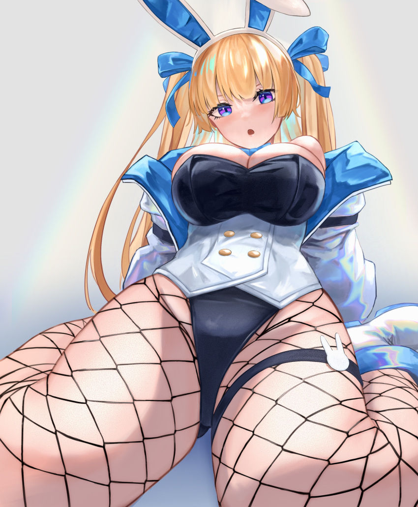 1girl absurdres animal_ears bangs black_leotard blonde_hair blue_footwear blue_jacket blue_ribbon blush boots breasts cleavage fishnet_legwear fishnets hair_ribbon highres inumantle jacket kneeling large_breasts leg_garter leotard lina_(michihasu) long_hair long_sleeves looking_at_viewer original panties purple_eyes rabbit_ears ribbon solo strapless strapless_leotard twintails underwear