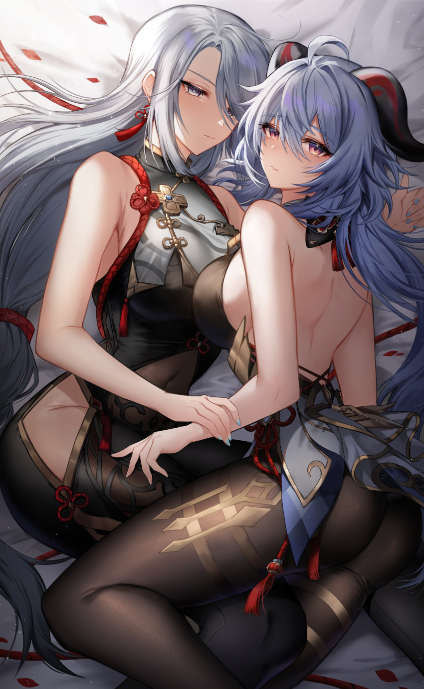 2girls absurdres ahoge bangs bare_shoulders blue_eyes blue_hair blue_nails blush bodysuit breasts closed_mouth covered_navel eyebrows_visible_through_hair ganyu_(genshin_impact) genshin_impact goat_horns gz_(gyoju) hair_between_eyes highres hip_vent horns large_breasts long_hair looking_at_viewer multiple_girls shenhe_(genshin_impact) thighs