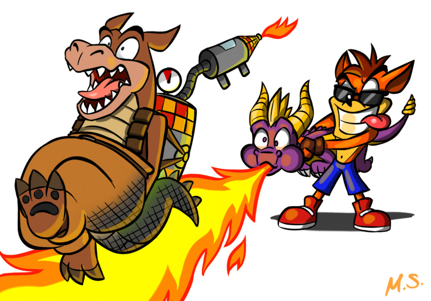 activision anthro bandicoot bottomwear breath_powers burning butt_on_fire canid canine canis clothed clothing crash_bandicoot crash_bandicoot_(series) crocodile crocodilian crocodylid dingo dingodile dragon elemental_manipulation eyewear feral fingerless_gloves fire fire_breathing fire_manipulation flamethrower footwear gloves group hand_on_butt handwear horn magzieart male mammal marsupial microsoft mythological_creature mythological_scalie mythology pain pants ranged_weapon reptile scalie shoes spyro spyro_the_dragon sunglasses tail tongue tongue_out topless trio weapon xbox_game_studios