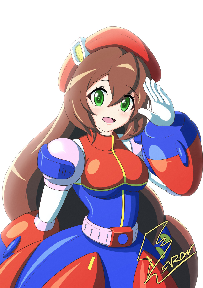 1girl absurdres android bangs beret blush breasts brown_hair commentary_request eyebrows_visible_through_hair fontatoba green_eyes hair_ornament hand_up hat highres iris_(mega_man) joints long_hair looking_at_viewer low-tied_long_hair medium_breasts mega_man_(series) mega_man_x4 mega_man_x_(series) mega_man_x_dive open_mouth robot_joints salute shiny shiny_hair signature simple_background smile solo upper_body white_background