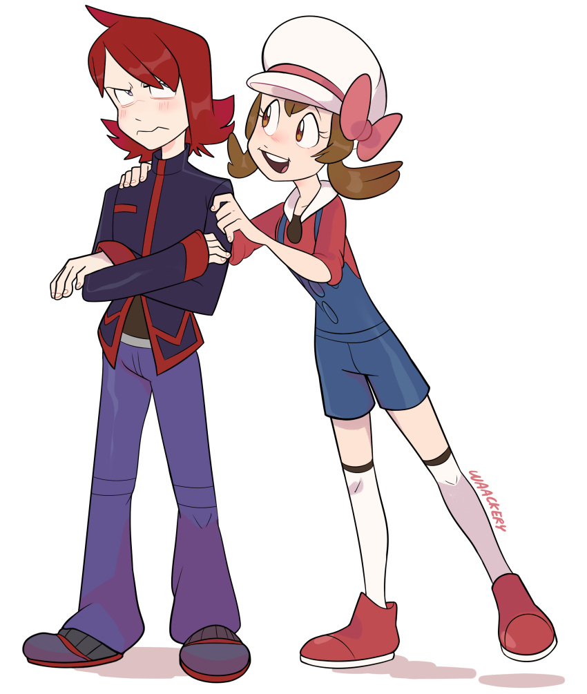 1boy 1girl absurdres blue_overalls blush brown_hair crossed_arms full_body hand_on_another's_shoulder hat highres kneehighs lyra_(pokemon) open_mouth overalls pokemon pokemon_hgss red_footwear red_hair signature silver_(pokemon) socks standing transparent_background waackery white_hat