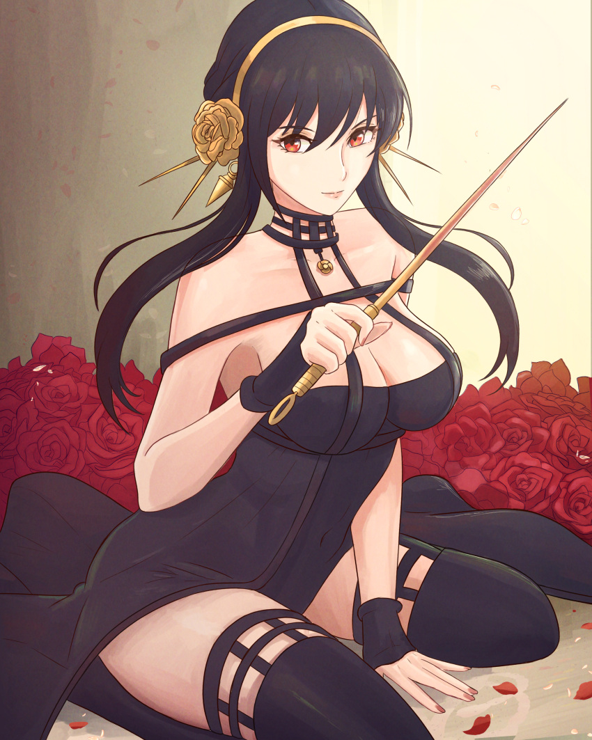 1girl absurdres black_dress black_gloves black_hair black_legwear breasts cleavage covered_navel dagger dress earrings fingerless_gloves floating_hair flower gloves gold_hairband hair_flower hair_ornament highres holding holding_dagger holding_weapon jewelry knife large_breasts long_hair looking_at_viewer necklace petals red_eyes red_flower red_rose rose rose_petals sidelocks sitting spikes spy_x_family taut_clothes taut_dress thighhighs truejekart weapon yor_briar