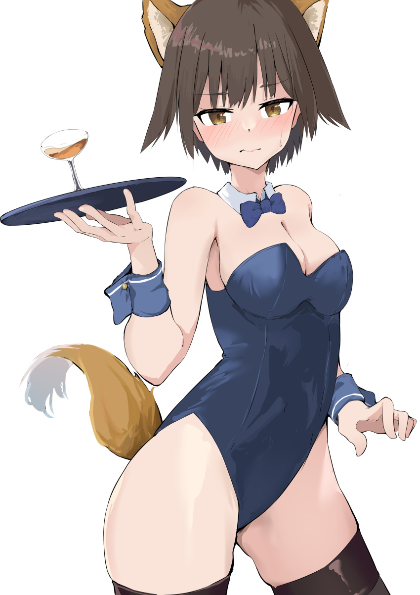 8sjqzhap4pupzkc absurdres animal_ears blush bow bowtie breasts brown_hair brown_tail cocktail cocktail_glass cup drinking_glass fox_ears fox_tail highres medium_breasts miyafuji_yoshika playboy_bunny strike_witches tail thighhighs tray world_witches_series wrist_cuffs