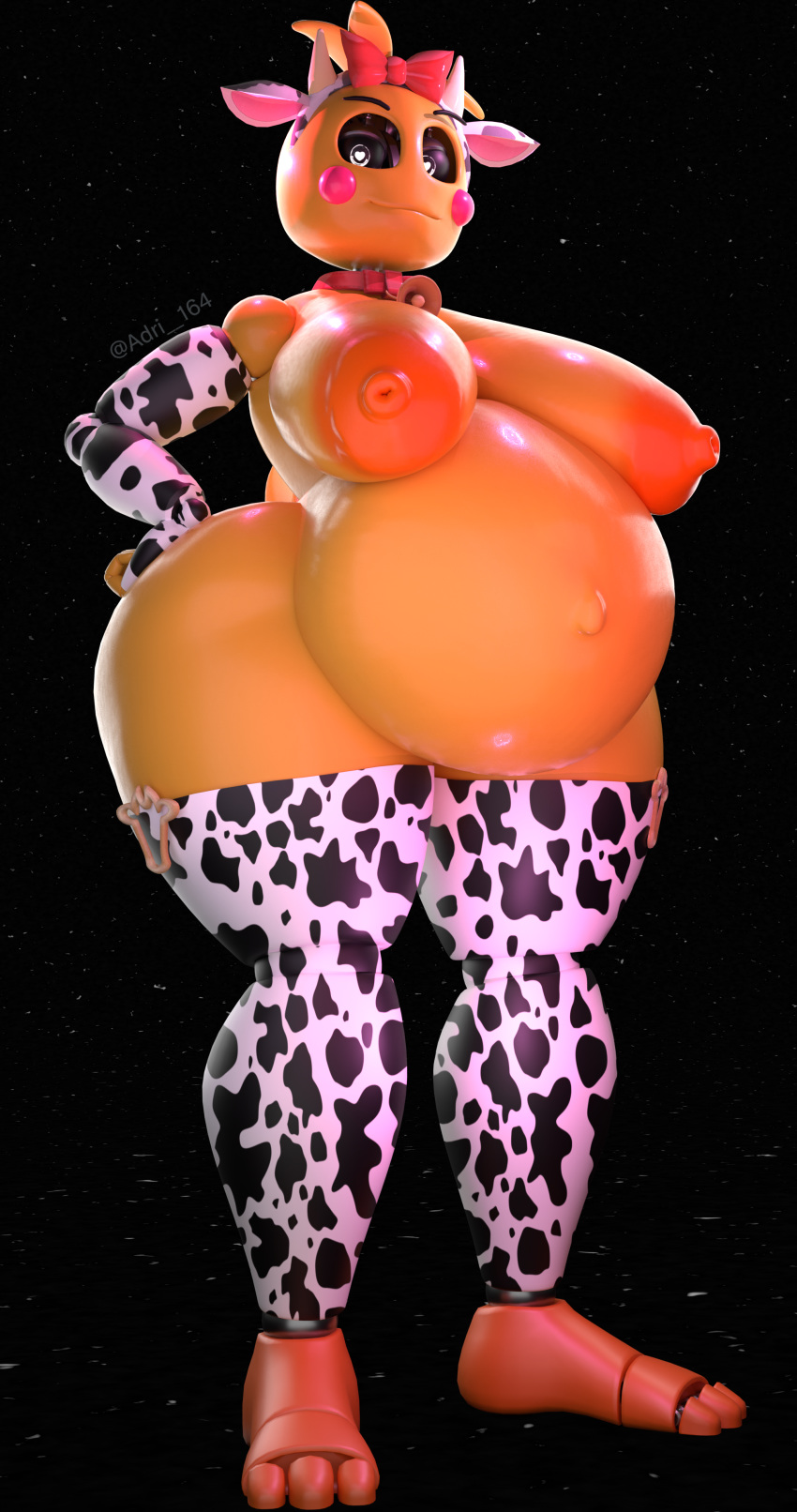 3d_(artwork) absurd_res adri164 animal_print animatronic areola avian belly big_belly big_breasts bird breast_squish breasts chicken cow_print cow_print_armwear cow_print_thigh_highs curvy_figure digital_media_(artwork) female five_nights_at_freddy's five_nights_at_freddy's_2 galliform gallus_(genus) hands_on_hips hi_res looking_at_viewer machine navel orange_areola phasianid pregnant pregnant_female robot scottgames solo squish toy_chica_(fnaf) wide_hips