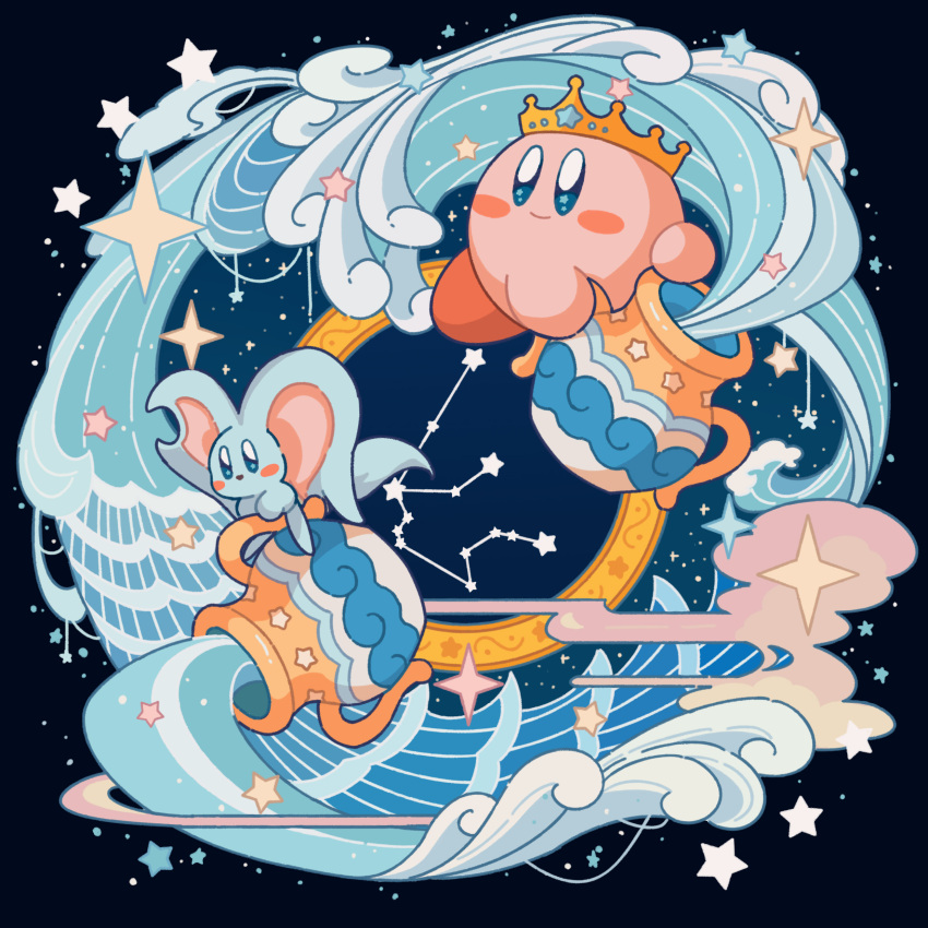 absurdres aquarius_(constellation) aquarius_(zodiac) black_background blue_eyes blush blush_stickers closed_mouth cloud constellation crown elfilin glef_life highres kirby kirby_(series) no_humans notched_ear pouring simple_background smile sparkle star_(symbol) star_in_eye symbol_in_eye vase water waves zodiac