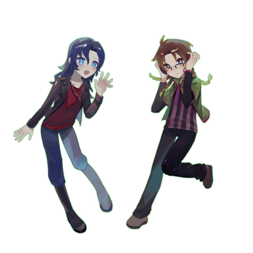 2boys ahoge black_jacket black_pants blonde_hair blue_eyes blue_hair blue_pants blue_pupils boots brown_footwear brown_hair chinese_commentary closed_mouth commentary_request cropped_jacket cross cross_necklace dark_blue_hair full_body glasses green_jacket hand_up highres jacket jewelry layered_sleeves long_sleeves male_focus multicolored_hair multiple_boys necklace open_clothes open_jacket open_mouth orie_rin pants parted_bangs pink_trim purple_hair quad_braids rectangular_eyewear red_shirt saibou_shinkyoku saki_(sakixiaose) sayo_kento shirt short_over_long_sleeves short_sleeves simple_background smile striped_clothes striped_shirt vertical-striped_clothes vertical-striped_shirt white_background