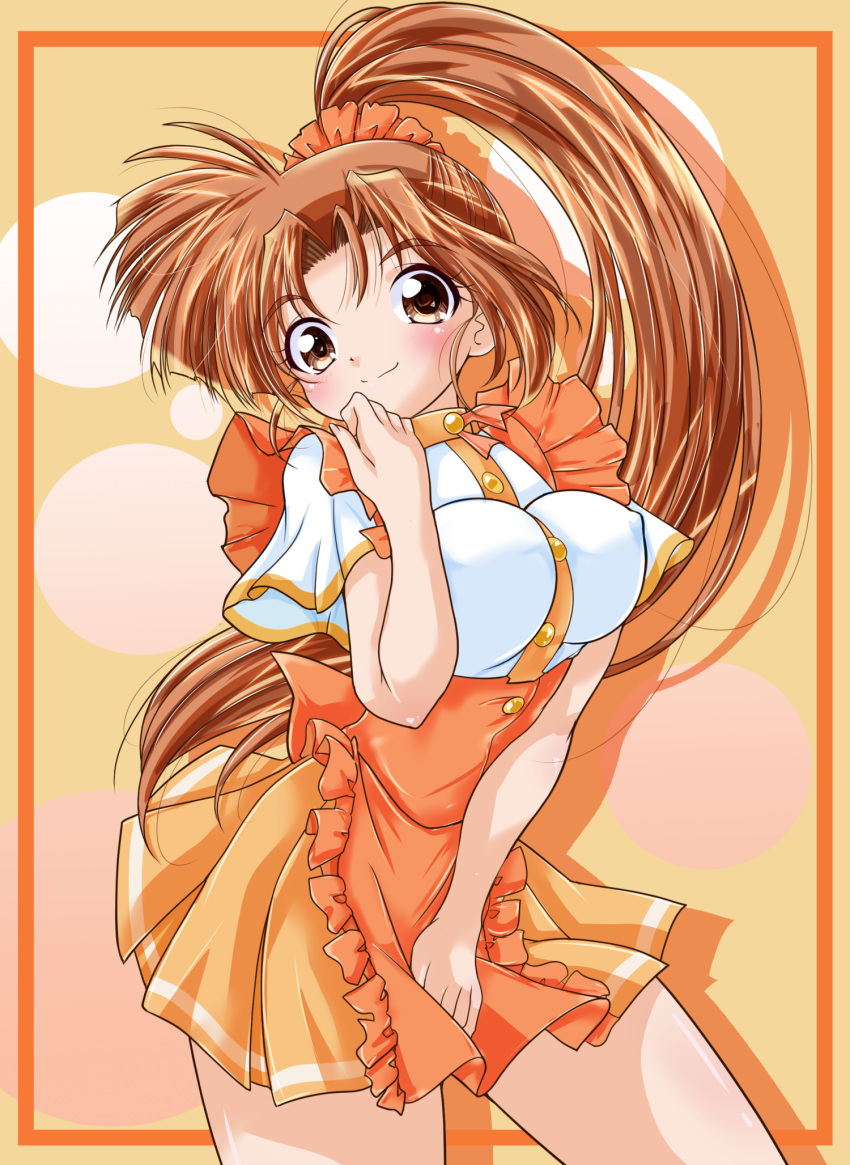 1girl breasts brown_eyes brown_hair commentary_request covered_nipples dress hairband highres large_breasts long_hair looking_at_viewer morihara_satomi official_alternate_hairstyle orange_dress pia_carrot_(series) pia_carrot_e_youkoso!! ponytail smile solo waitress yoppi98ro