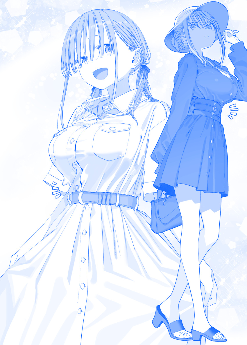 1girl :d bag belt blue_theme breasts character_request commentary_request dress full_body getsuyoubi_no_tawawa hair_over_eyes hat highres himura_kiseki holding holding_bag large_breasts long_hair long_sleeves looking_at_viewer low_twintails maegami-chan_(tawawa) medium_hair monochrome open_mouth sandals short_sleeves sidelocks skirt smile standing toenails toes twintails
