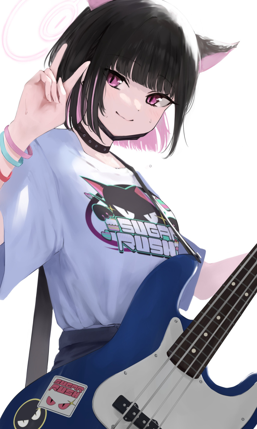 1girl absurdres animal_ears bass_guitar black_choker black_hair black_mask blue_archive blush bracelet cat_ears choker colored_inner_hair extra_ears halo highres instrument jewelry kazusa_(band)_(blue_archive) kazusa_(blue_archive) lamp_p9 logo looking_at_viewer mask mask_pull mouth_mask multicolored_hair official_alternate_costume pink_eyes pink_hair print_shirt shirt shirt_tucked_in short_hair short_sleeves simple_background smile solo two-tone_hair v white_background white_shirt