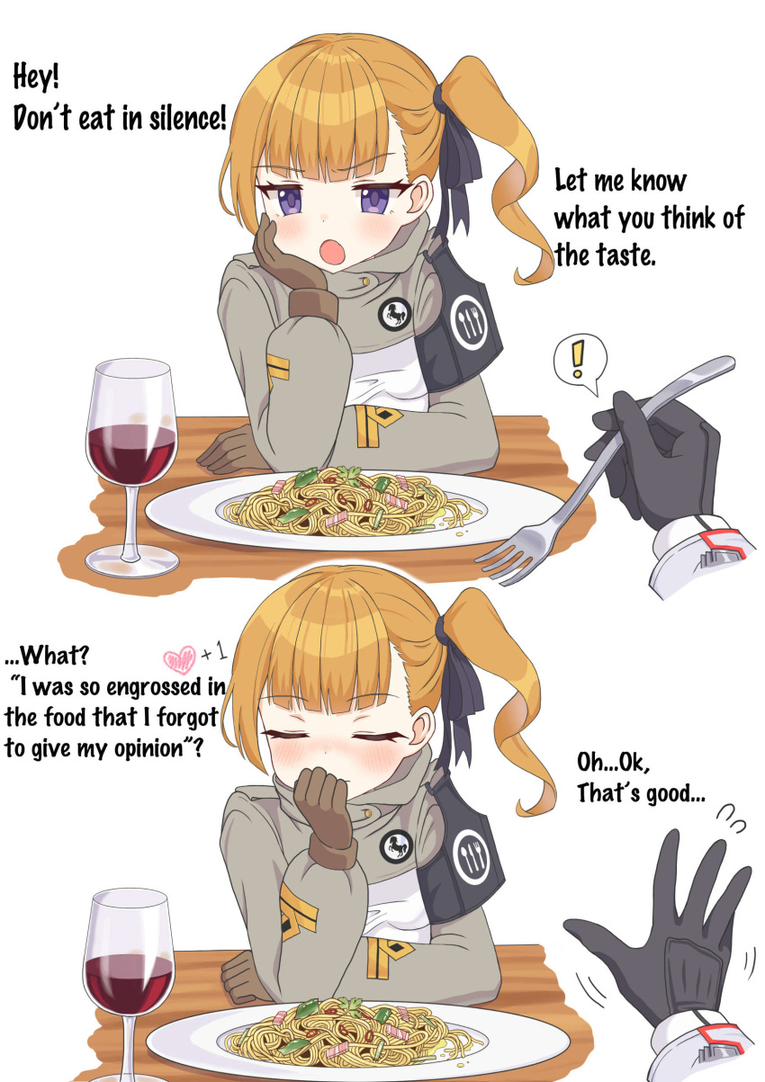 1girl absurdres ash_arms blonde_hair blunt_bangs blush character_request closed_eyes closed_mouth commentary_request covering_own_mouth cup drinking_glass embarrassed english_text food fork gloves highres looking_at_viewer medium_hair open_mouth pasta plate pov saettan_(fnnt2783) side_ponytail solo_focus spaghetti uniform white_background wine_glass