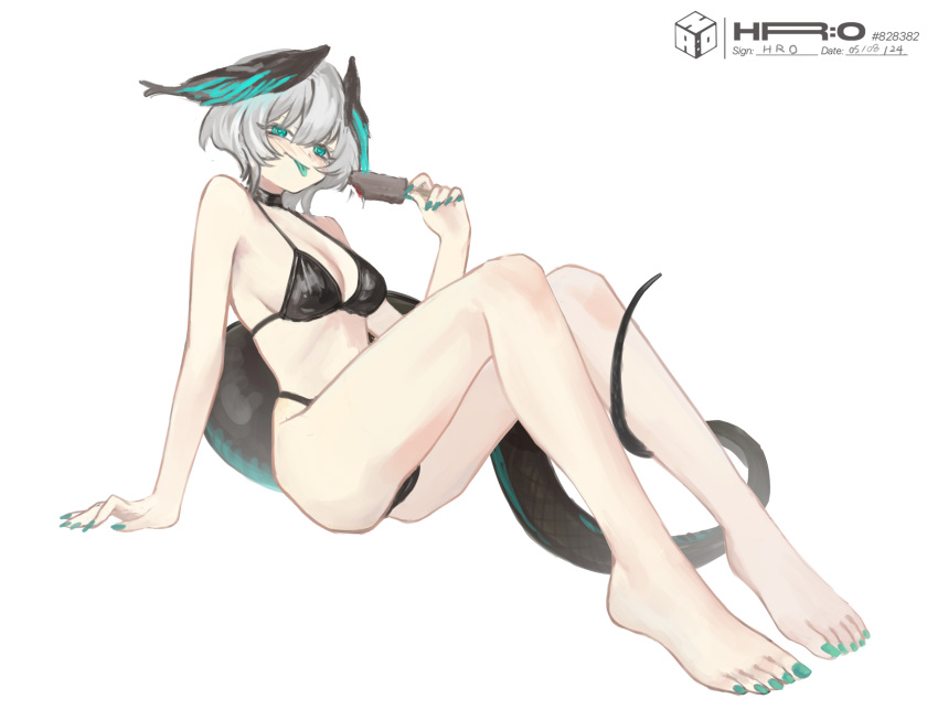 1girl :p aqua_eyes aqua_nails arknights breasts choker feathered_wings food full_body grey_hair hair_between_eyes head_wings highres ho'olheyak_(arknights) ice_cream kuromonou long_tail looking_at_viewer nail_polish simple_background snake_tail solo swimsuit tail tongue tongue_out wings