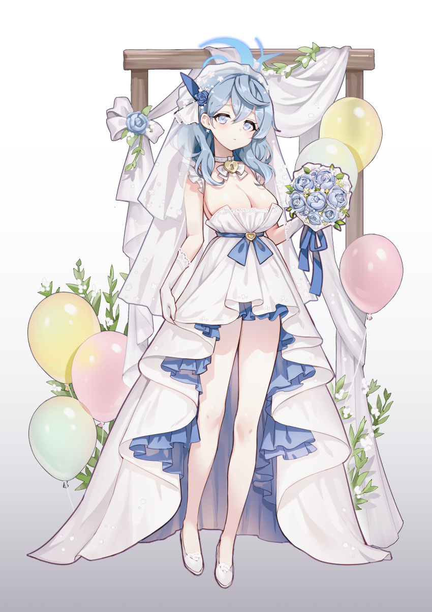 1girl absurdres ako_(blue_archive) alternate_costume balloon blue_archive blue_eyes blue_flower blue_hair blue_rose bouquet breasts bridal_veil cleavage collar dress earrings flower frilled_dress frills full_body gloves gradient_background hair_flower hair_ornament halo highres holding holding_bouquet jewelry lace-trimmed_gloves lace_trim large_breasts medium_hair picter rose skirt_hold solo strapless strapless_dress thighs veil wedding_dress white_dress white_footwear white_gloves