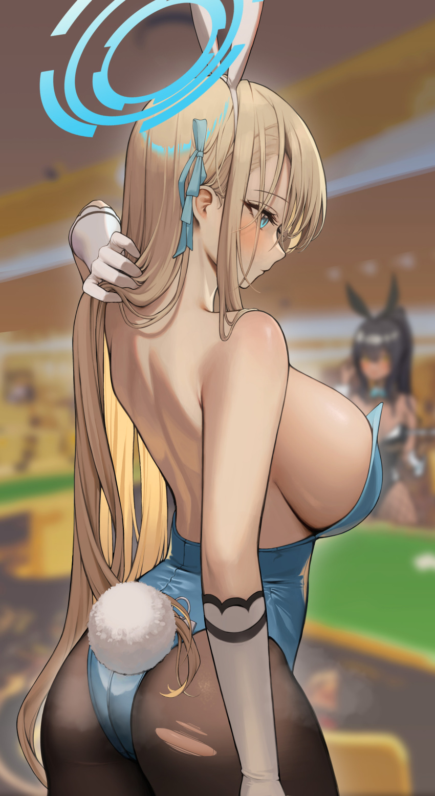 1girl absurdres animal_ears arm_at_side ass asuna_(blue_archive) asuna_(bunny_girl)_(blue_archive) back backless_leotard bangs bare_shoulders blonde_hair blue_archive blue_eyes blue_leotard blue_ribbon blurry blurry_background blush bow bowtie breasts brown_legwear casino casino_card_table commentary cowboy_shot dark-skinned_female dark_skin depth_of_field dong_ji eyebrows_visible_through_hair fake_animal_ears fake_tail from_behind gloves hair_ribbon hairband halo hand_up highres indoors karin_(blue_archive) karin_(bunny_girl)_(blue_archive) large_breasts leotard long_hair looking_away official_alternate_costume pantyhose playboy_bunny profile rabbit_ears rabbit_tail ribbon solo_focus standing strapless strapless_leotard tail torn_clothes torn_legwear traditional_bowtie very_long_hair white_gloves white_hairband