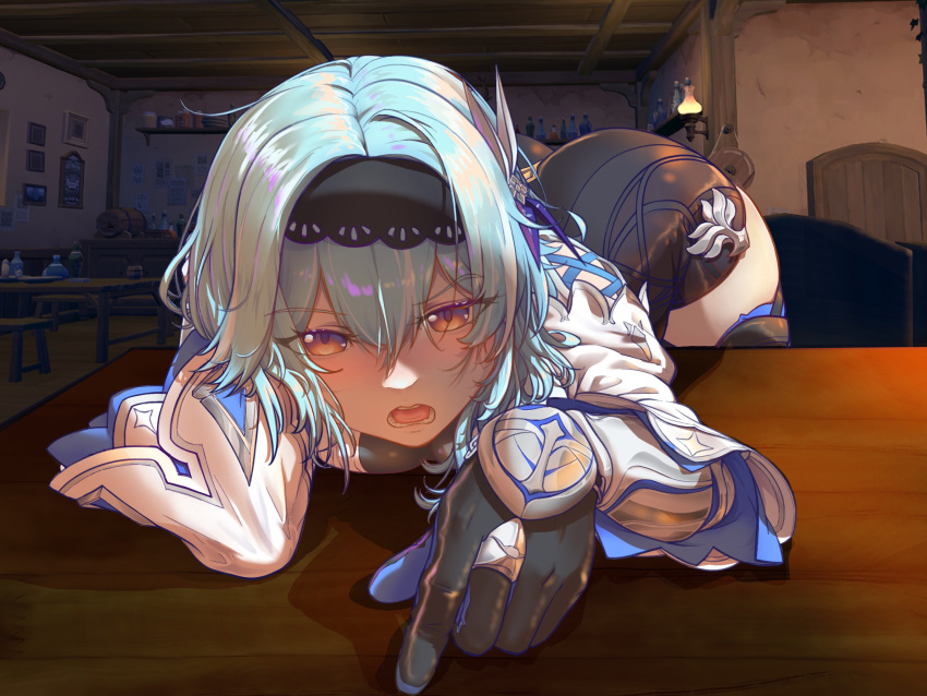 1girl arms_on_table ass bar_(place) black_gloves black_hairband blue_hair breast_press breast_rest breasts breasts_on_table drunk eula_(genshin_impact) game_screenshot_background genshin_impact gloves hair_between_eyes hair_ornament hairband highres indoors looking_at_viewer medium_hair open_mouth reaching reaching_towards_viewer red_eyes sidelocks solo teeth two-tone_gloves unkempt wide_sleeves xiaohuangyu