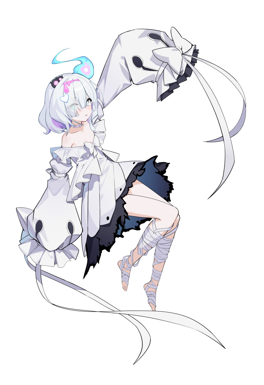 1girl absurdres arm_up bandaged_foot bandaged_leg bandages blue_eyes blue_fire bow breasts choker closed_mouth collarbone dress eyes_visible_through_hair fire frilled_dress frills full_body grey_hair hair_ornament hair_over_one_eye heart heart_hair_ornament highres long_sleeves medium_breasts multicolored_hair off-shoulder_dress off_shoulder ohihil original puffy_long_sleeves puffy_sleeves purple_hair simple_background sleeves_past_fingers sleeves_past_wrists solo two-tone_hair white_background white_bow white_choker white_dress
