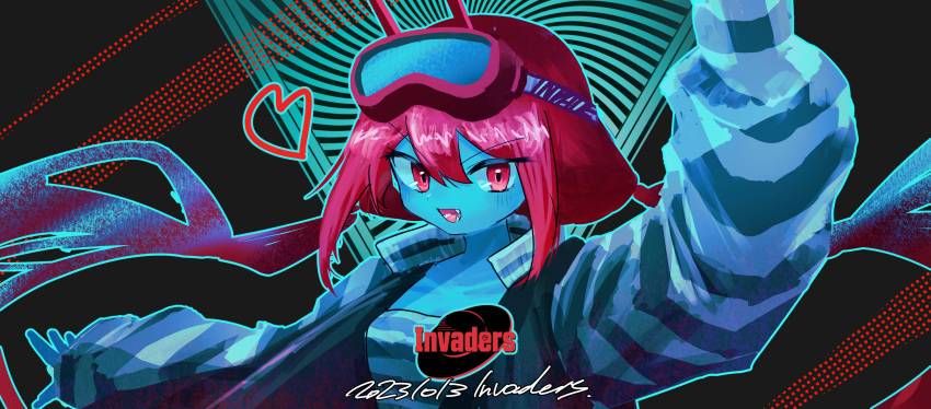 1girl :d absurdres arm_up blue_skin colored_skin copyright_name dated goggles goggles_on_head hair_between_eyes heart highres horns invaders_(record_label) invtam jacket logo long_hair long_sleeves looking_at_viewer open_mouth outline py-2 red_eyes red_hair shirt smile solo striped_clothes striped_jacket striped_shirt twintails upper_body