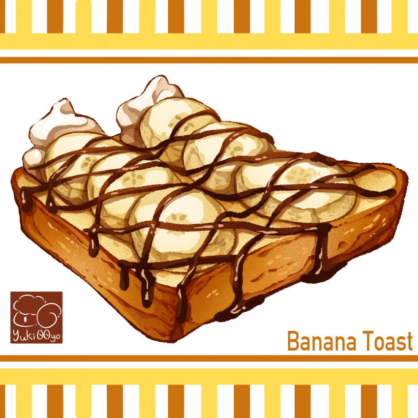 artist_logo banana banana_slice bread bread_slice chocolate_syrup food food_focus food_name fruit highres no_humans original syrup toast yuki00yo