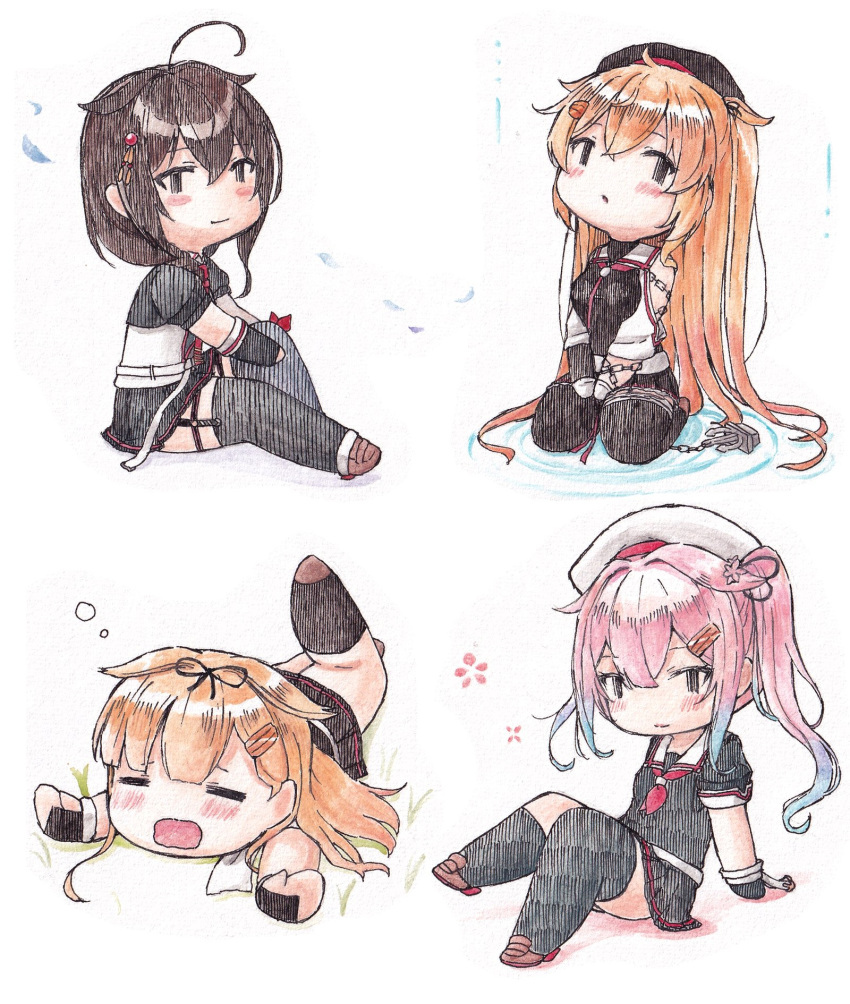 ahoge aqua_hair black_gloves black_hat black_skirt black_thighhighs blonde_hair blush breasts brown_hair chibi closed_eyes closed_mouth fingerless_gloves gloves hair_flaps hair_ornament hair_ribbon hairclip harusame_(kancolle) hat highres kantai_collection long_hair lying multicolored_hair multiple_girls murasame_(kancolle) murasame_kai_ni_(kancolle) neckerchief on_stomach open_mouth parted_lips pink_hair poipoi_purin red_neckerchief ribbon sailor_collar school_uniform serafuku shigure_(kancolle) shigure_kai_san_(kancolle) short_sleeves sitting skirt thighhighs white_hat white_sailor_collar yuudachi_(kancolle) yuudachi_kai_ni_(kancolle)