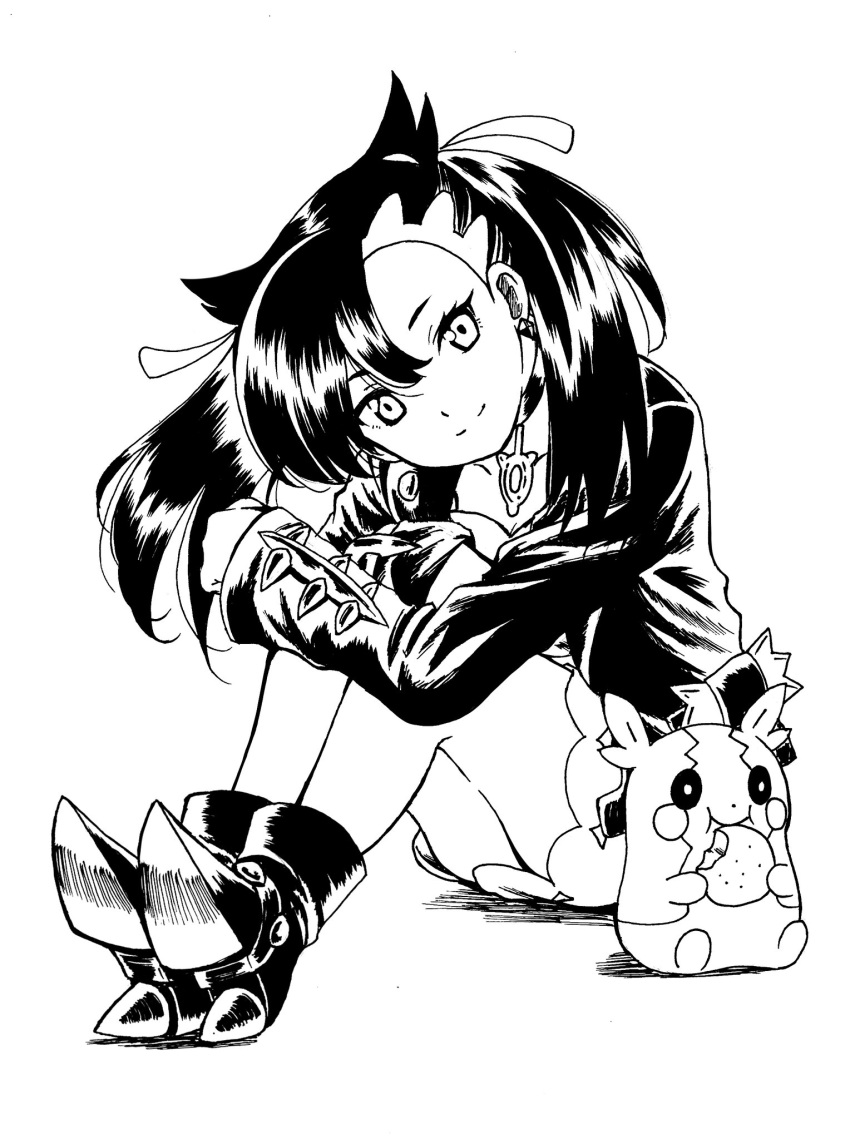 1girl asymmetrical_bangs black_choker black_footwear black_hair black_jacket boots choker closed_mouth commentary_request dress eating emapippi food full_body greyscale highres holding holding_food jacket looking_at_viewer marnie_(pokemon) monochrome morpeko morpeko_(full) open_clothes open_jacket pokemon pokemon_(creature) pokemon_swsh simple_background sitting sleeves_past_wrists smile unfinished white_background