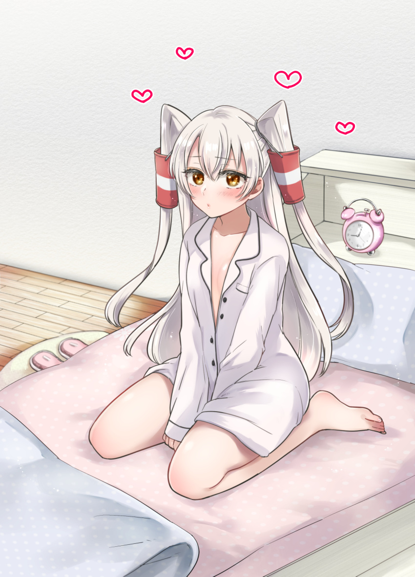 1girl absurdres alarm_clock amatsukaze_(kancolle) arms_between_legs barefoot bed blush breasts clock heart highres indoors kantai_collection long_hair long_sleeves looking_at_viewer naked_shirt on_bed orange_eyes pajamas saburou_03 shirt sitting small_breasts solo two_side_up very_long_hair white_hair