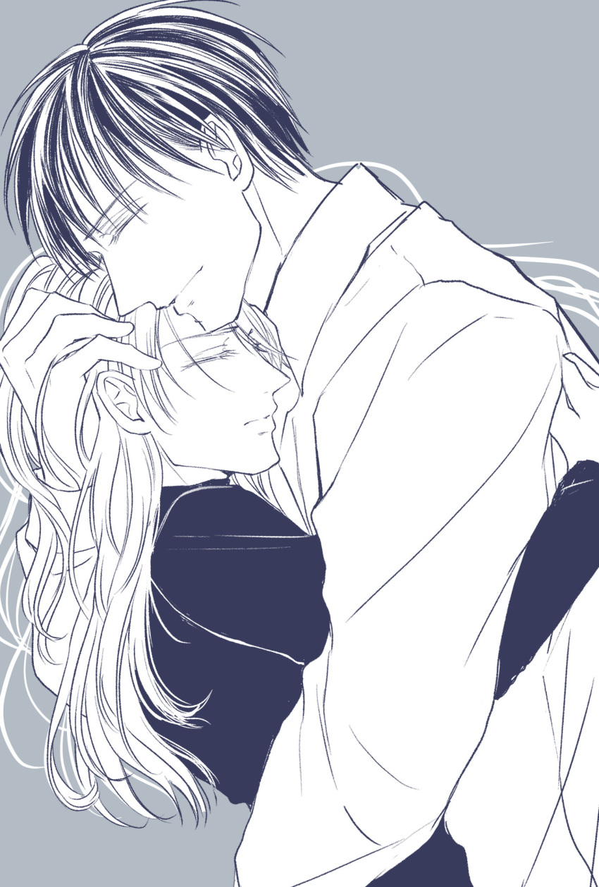 1boy 1girl closed_eyes collared_shirt commentary_request dutch_angle fullmetal_alchemist greyscale hair_between_eyes hana_930 highres holding_another's_head hug light_smile long_hair long_sleeves monochrome profile riza_hawkeye roy_mustang shirt short_hair simple_background sleeping upper_body