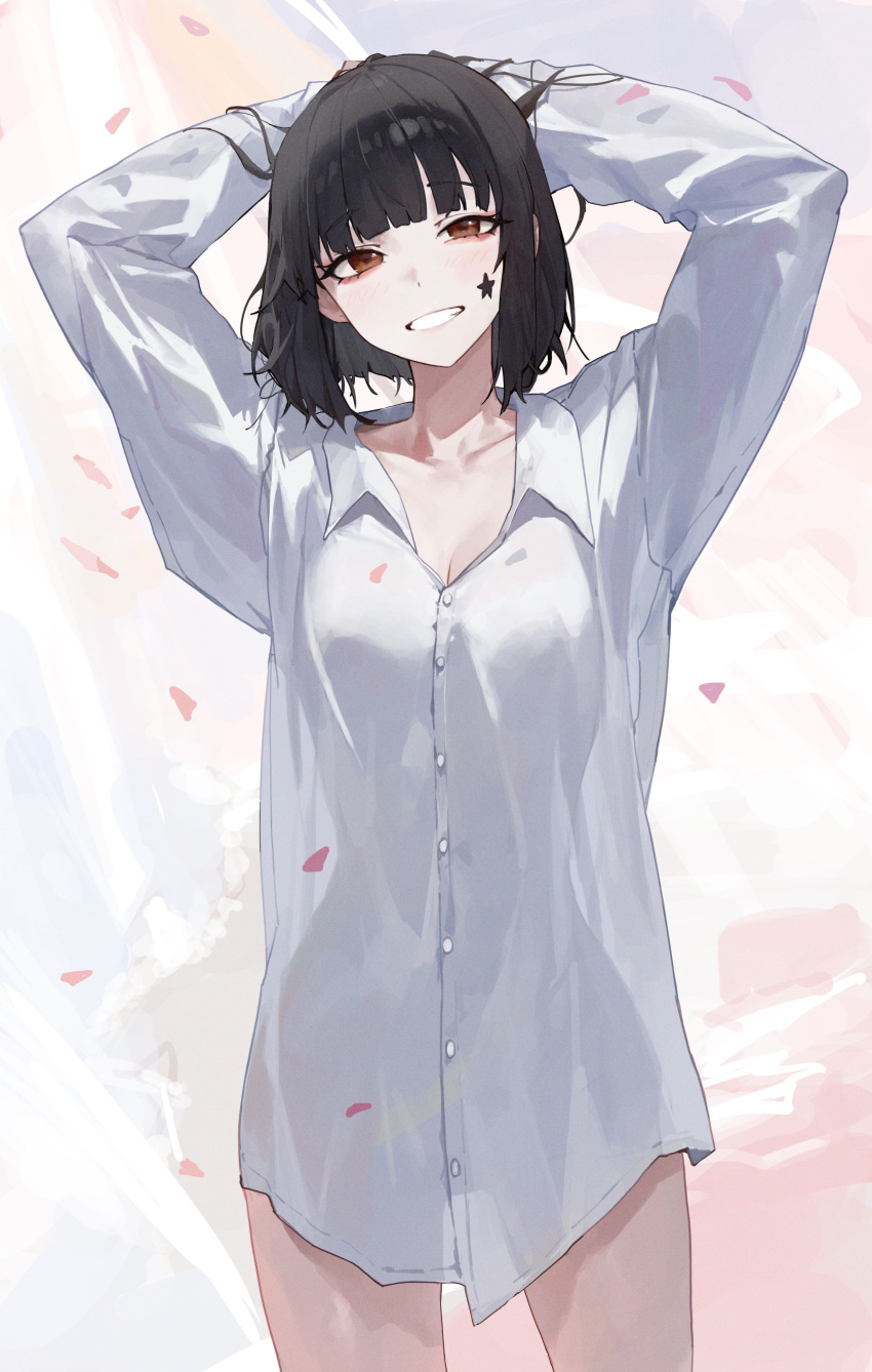 1girl absurdres black_hair breasts cleavage clenched_teeth collarbone collared_shirt dated_commentary facial_tattoo highres long_sleeves looking_at_viewer mac_star medium_breasts naked_shirt original shirt short_hair smile solo star_tattoo tattoo teeth thighs white_shirt