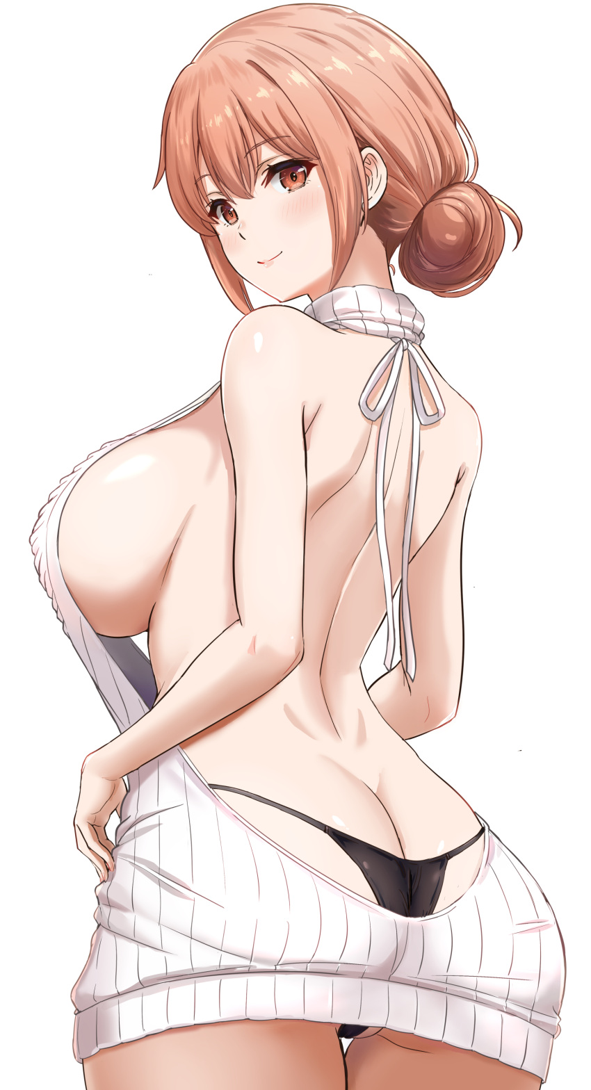 1girl absurdres ass backless_outfit black_panties breasts brown_eyes brown_hair butt_crack closed_mouth commentary_request cowboy_shot hair_bun highres inanaki_shiki large_breasts looking_at_viewer looking_back meme_attire panties revealing_clothes sideboob simple_background smile sweater underwear virgin_killer_sweater white_background white_sweater yahari_ore_no_seishun_lovecome_wa_machigatteiru. yuigahama_yui's_mother