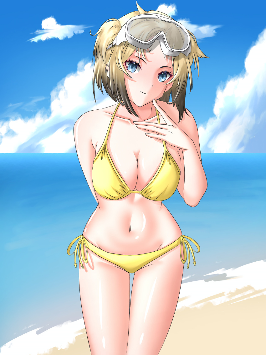 1girl absurdres ahomushi994 akane_fujikawa beach bikini blonde_hair blue_eyes commission fujikawa_akane girls'_frontline goggles goggles_on_head gun highres pixiv_commission rifle swimsuit vrb_(girls'_frontline) weapon yellow_bikini