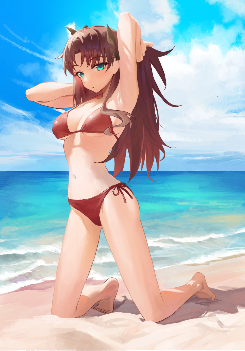 1girl :o absurdres armpits arms_up beach bikini blue_eyes blue_sky breasts brown_hair cloud day fate/stay_night fate_(series) full_body hair_ribbon highres kneeling long_hair looking_at_viewer medium_breasts navel outdoors parted_lips pat_bharasarn red_bikini ribbon sand side-tie_bikini_bottom sky solo stomach strap_gap swimsuit thighs tohsaka_rin