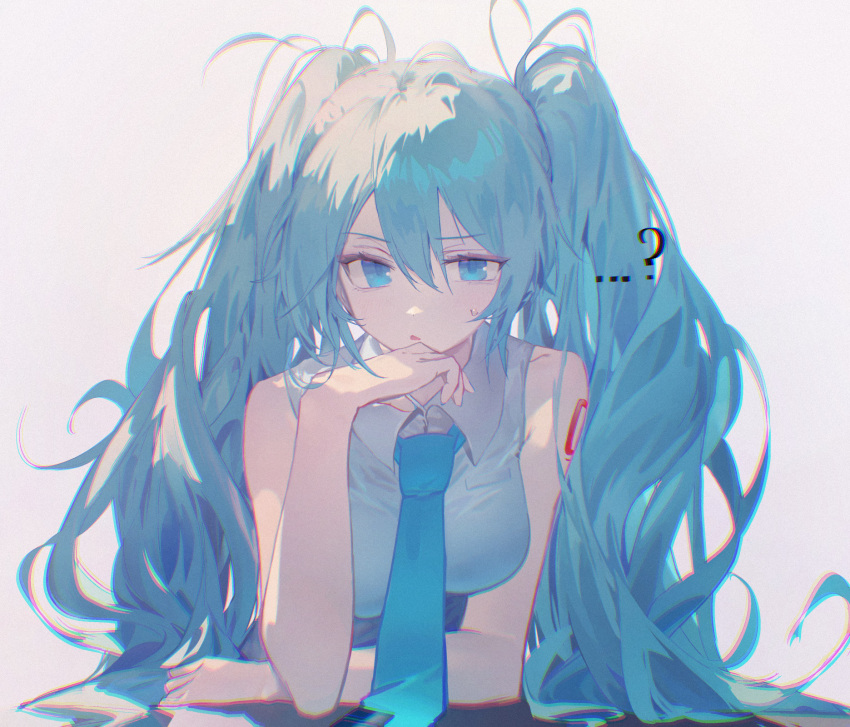 ... 1girl ? bare_shoulders blue_eyes blue_hair blue_necktie breasts chromatic_aberration collared_shirt d: hair_between_eyes hand_on_own_chin hatsune_miku highres long_hair looking_at_viewer medium_breasts messy_hair mihoranran necktie number_tattoo open_mouth raised_eyebrow shirt sidelocks simple_background sleeveless sleeveless_shirt solo straight-on sweatdrop tattoo twintails upper_body very_long_hair vocaloid white_background white_shirt