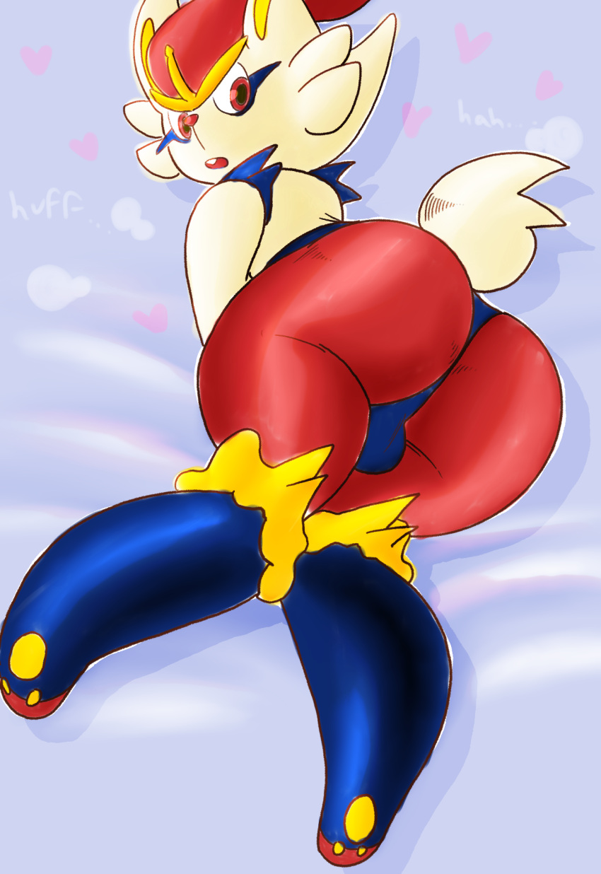 anthro big_butt breath bulge bulge_from_behind butt cinderace clothing femboy generation_8_pokemon heart_symbol hi_res lagomorph male mammal mkiiisystem nintendo open_mouth pokemon pokemon_(species) rear_view red_body red_eyes simple_background solo thong underwear white_body