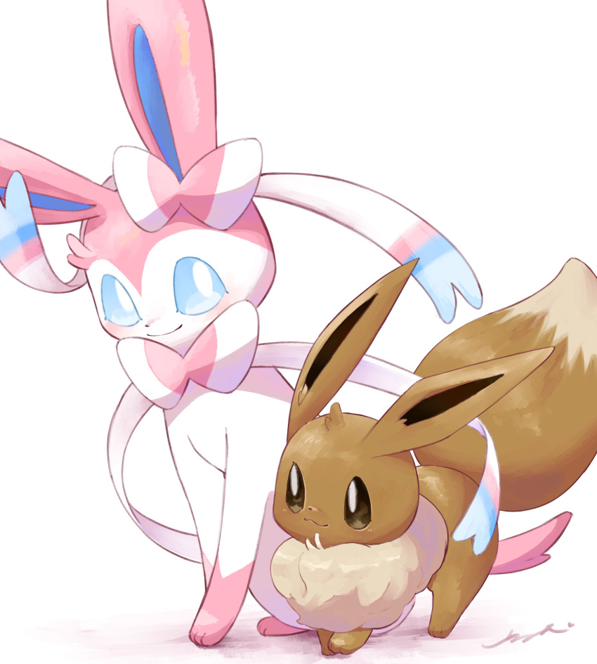 absurdres blue_eyes blue_fur blush bow bright_pupils brown_eyes brown_fur eevee highres multicolored_fur no_humans pink_fur pokemon pokemon_(creature) ribbon signature simple_background smile surumeika_(ninfiiiir) sylveon white_background white_fur white_pupils