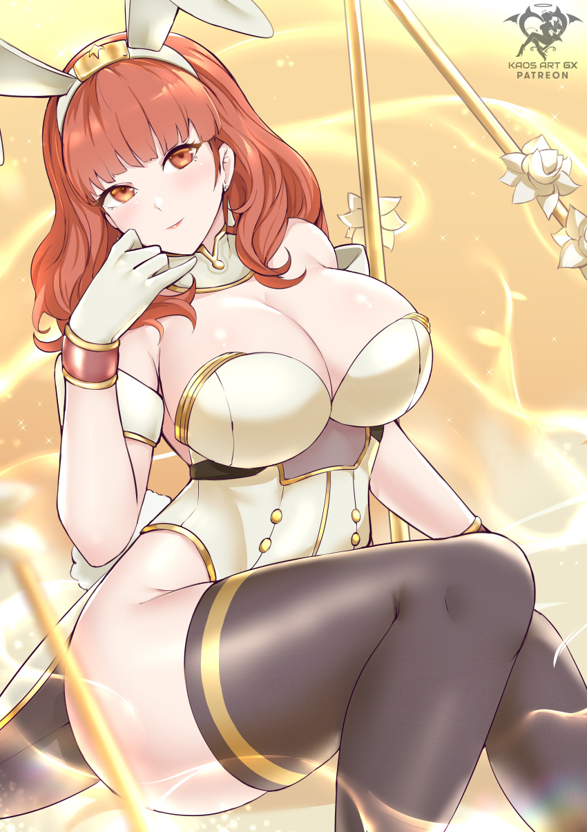 1girl absurdres adapted_costume animal_ears artist_logo artist_name bare_shoulders black_thighhighs breasts celica_(fire_emblem) cleavage detached_collar fake_animal_ears fire_emblem fire_emblem_echoes:_shadows_of_valentia gloves gold_trim hand_on_own_face highleg highleg_leotard highres kaos_art large_breasts leotard patreon_username playboy_bunny rabbit_ears red_eyes red_hair sitting solo strapless strapless_leotard thighhighs white_gloves white_leotard zettai_ryouiki