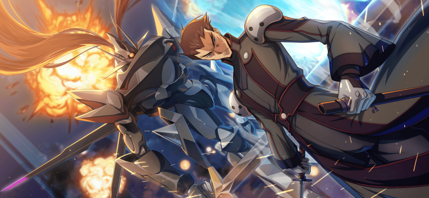 1boy armor artist_request black_coat brown_hair closed_mouth coat code_geass code_geass:_lost_stories cowboy_shot dutch_angle explosion forehead furrowed_brow game_cg gloves grey_eyes grey_gloves highres holding holding_sheath holding_sword holding_weapon katana long_sleeves looking_at_viewer male_focus mecha military_uniform non-web_source official_art one-eyed orange_eyes robot serious sheath short_hair shoulder_armor solo spiked_hair standing sword toudou_kyoushirou uniform v-shaped_eyebrows weapon wide_sleeves zangetsu_(code_geass)