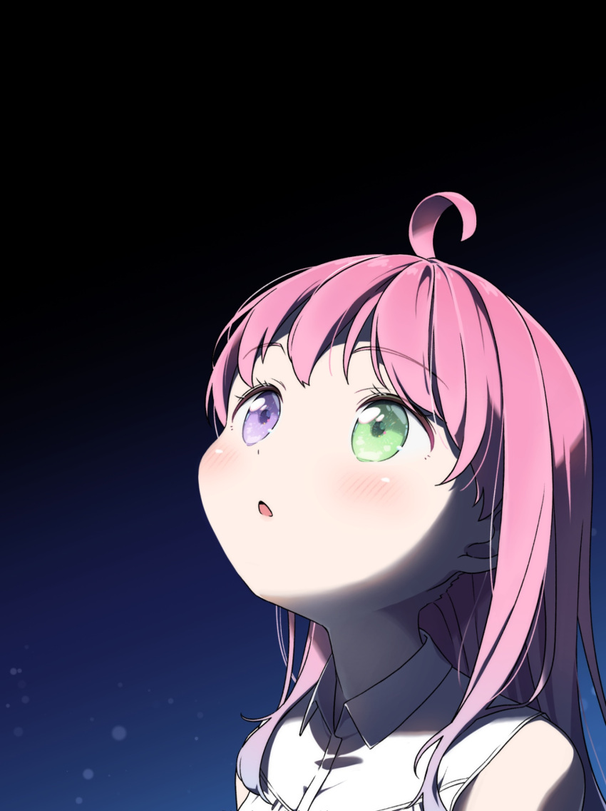 1girl ahoge blush close-up commentary green_eyes heterochromia highres himemori_luna hololive long_hair looking_afar looking_up meru_corone night night_sky outdoors parted_lips pink_hair purple_eyes sky solo symbol-only_commentary virtual_youtuber