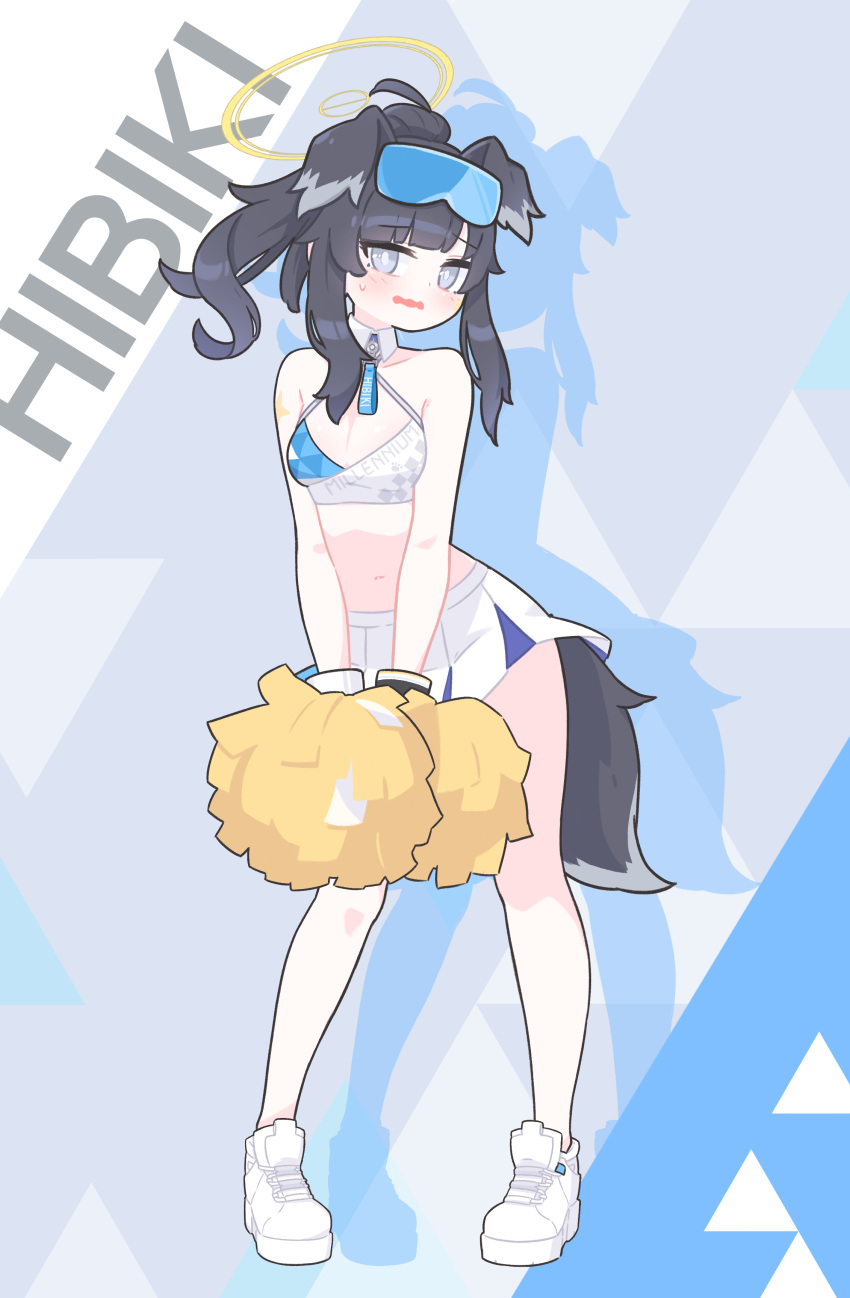 1girl absurdres animal_ears black_hair blue_archive blue_background blush breasts character_name commentary_request detached_collar dog_ears dog_girl dog_tail drop_shadow embarrassed emfldzm159 english_commentary full_body halterneck hibiki_(blue_archive) hibiki_(cheer_squad)_(blue_archive) highres looking_at_viewer medium_breasts millennium_cheerleader_outfit_(blue_archive) miniskirt navel pleated_skirt pom_pom_(cheerleading) purple_eyes shoes side_ponytail sidelocks skirt sneakers solo stomach tail triangle_background white_background white_footwear white_skirt