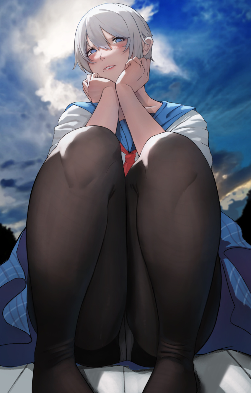 1girl bangs blue_eyes blue_sailor_collar blue_skirt blush chinese_commentary cloud commentary_request english_commentary foreshortening from_below hands_on_own_chin head_rest highres kneeling looking_at_viewer milksasa mole mole_under_mouth neckerchief original panties panties_under_pantyhose pantyhose pleated_skirt red_neckerchief sailor_collar school_uniform serafuku shirt short_hair skirt sky solo underwear upskirt white_hair white_shirt