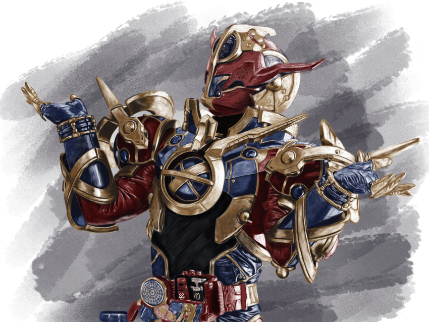 1boy absurdres armor belt blue_armor commentary cropped_legs evol_driver fullbottle gold_armor hands_up highres kamen_rider kamen_rider_build_(series) kamen_rider_evol looking_up red_armor red_eyes rider_belt simple_background solo tachibana_satsuki_(artist) tokusatsu