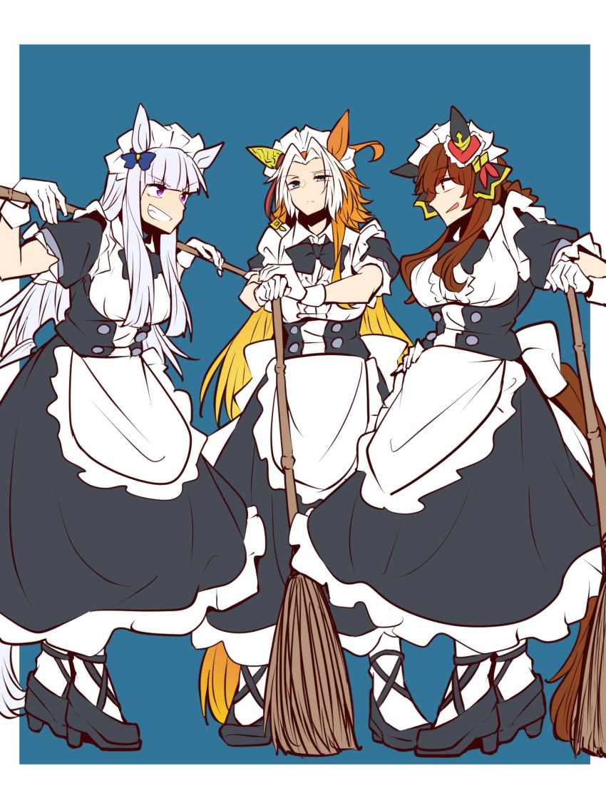 3girls alternate_costume animal_ears apron blonde_hair blue_background blue_bow blunt_bangs blunt_tresses bow braided_hair_rings broom brown_hair commentary ear_bow ear_covers ear_ornament enmaided framed_breasts gentildonna_(umamusume) gloves gold_ship_(umamusume) gradient_hair grey_hair grin hair_bow hair_intakes hand_on_own_hip highres holding holding_broom horse_ears horse_girl long_hair maid maid_apron maid_day maid_headdress multicolored_hair multiple_girls orange_hair orfevre_(umamusume) outside_border sidelocks single_ear_cover smile tail umamusume underbust very_long_hair waist_apron waist_bow white_apron white_gloves white_hair yonedatomo_mizu