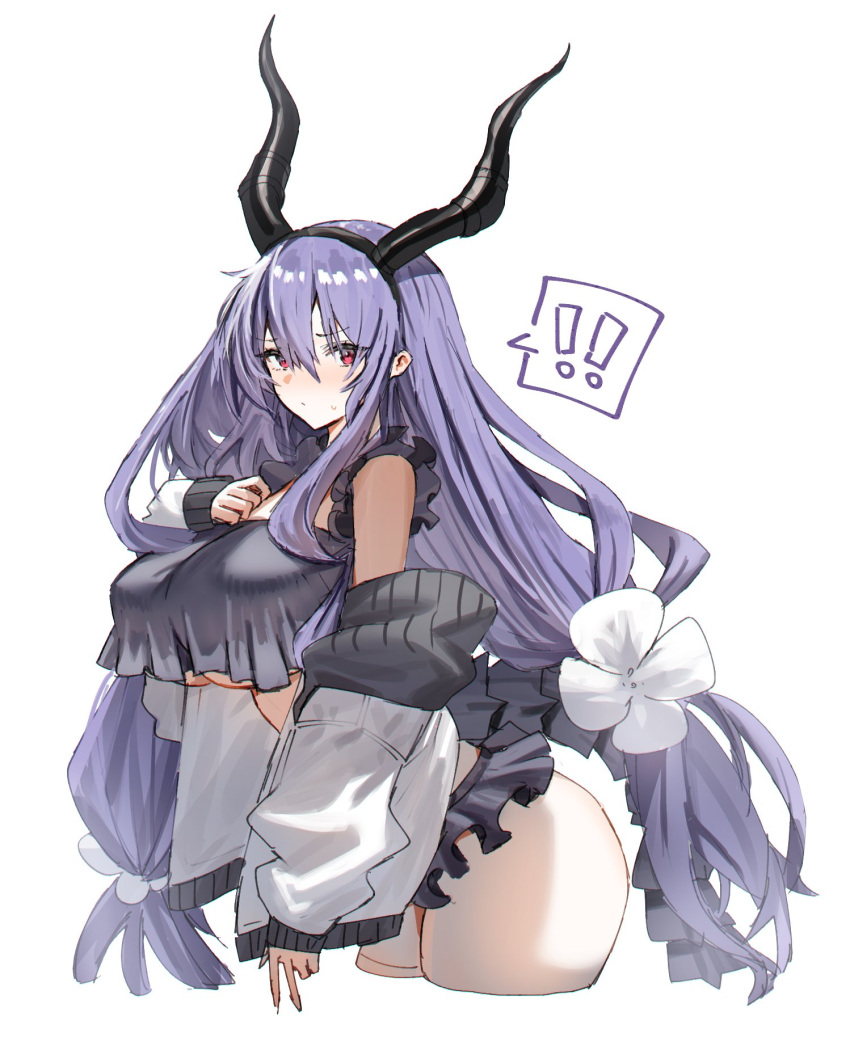 ! !! 1girl alternate_costume arknights bare_shoulders bikini black_bikini black_horns blush breasts closed_mouth commentary_request fake_horns flower hair_between_eyes hair_flower hair_ornament highres horn/wood horns jacket large_breasts long_hair long_sleeves looking_at_viewer nose_blush off_shoulder puffy_long_sleeves puffy_sleeves purple_eyes purple_hair red_eyes simple_background solo spoken_exclamation_mark swimsuit typhon_(arknights) underboob upper_body very_long_hair white_background white_flower white_jacket